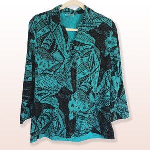 Tianello Teal & Black Abstract Print Button Down Shirt Tencel/Rayon Size S